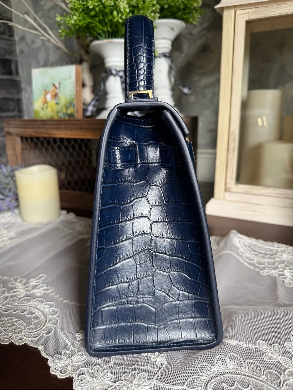 NWOT Teddy Blake Navy Croc-Embossed Leather Top Handle Bag Purse